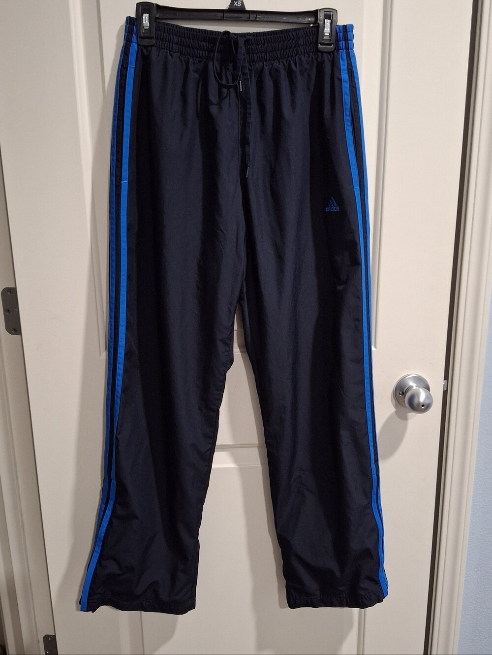 adidas Mens Small  Black/blue 3-stripes Track Pants Drawstring Mesh Polyester